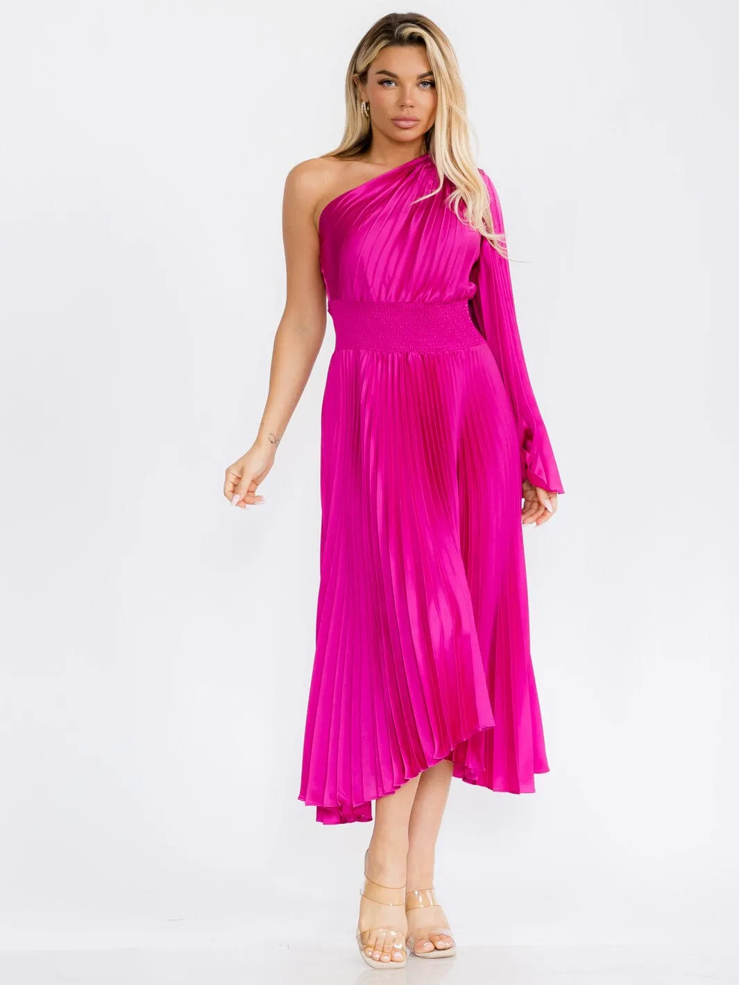 WOMEN'S ONE SHOULDER LONG BELL SLEEVE SMOCK WAIST PLEATED MAXI DRESS