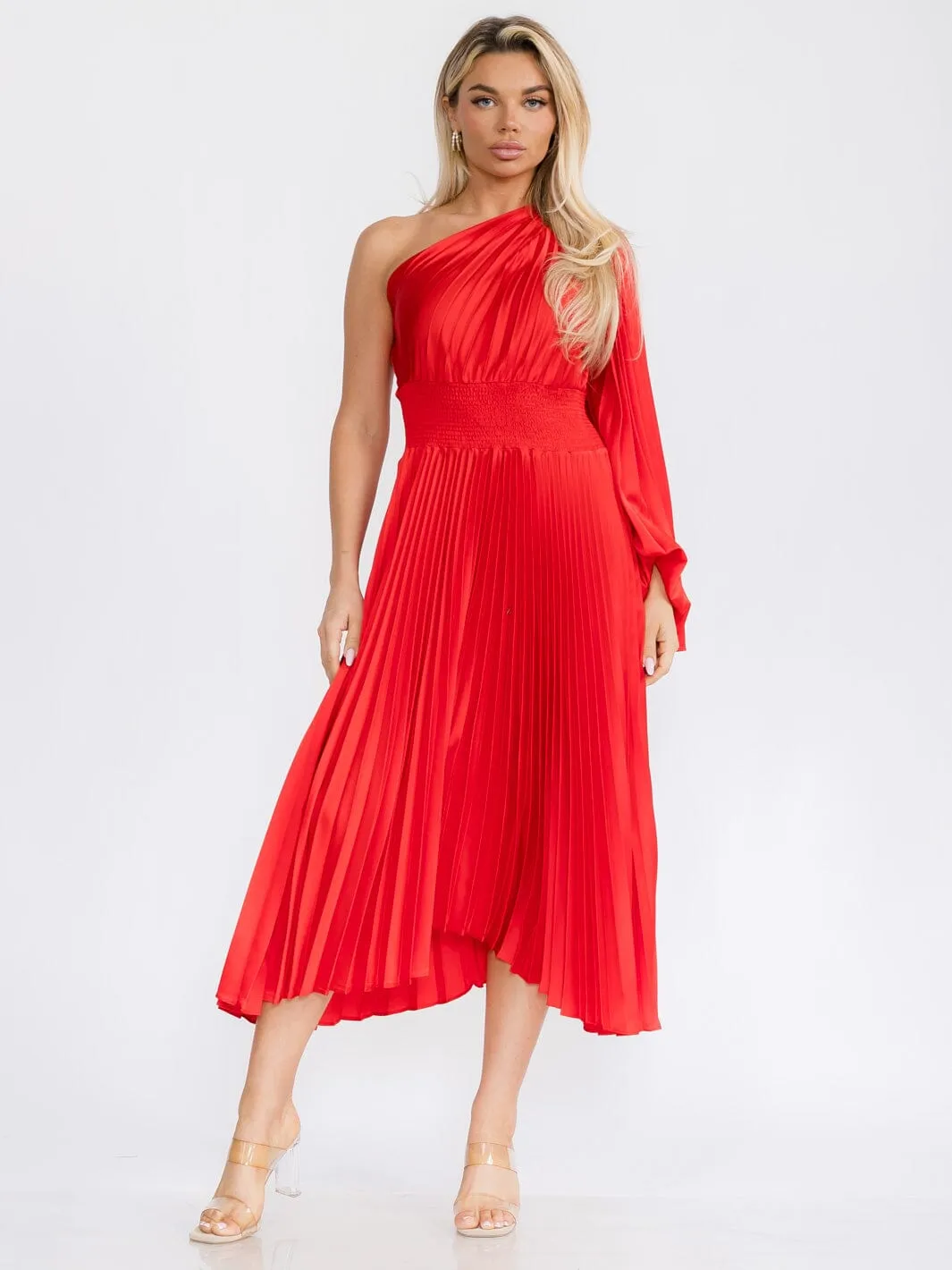 WOMEN'S ONE SHOULDER LONG BELL SLEEVE SMOCK WAIST PLEATED MAXI DRESS