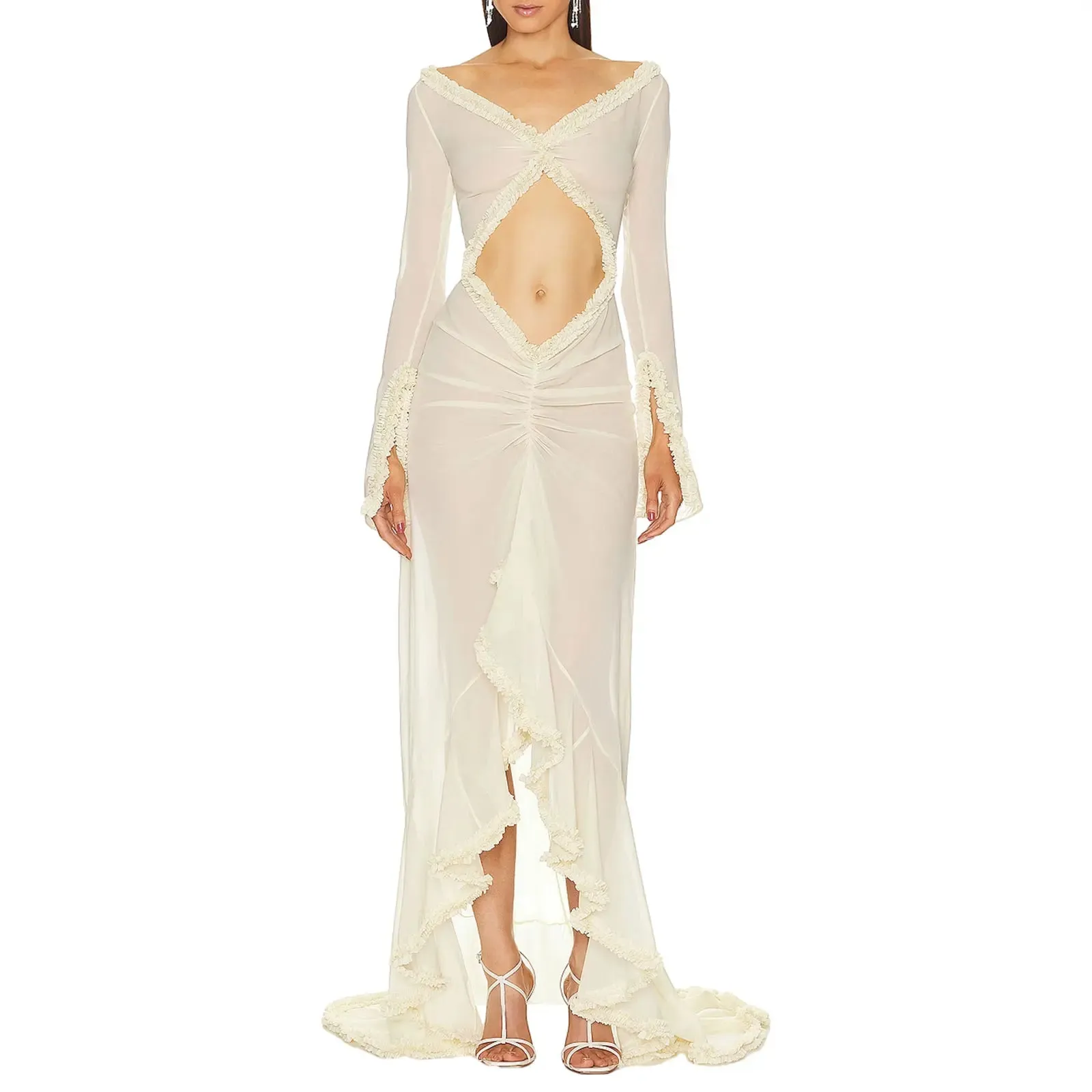 Women's Sexy Babydoll Lingerie Style Long Sleeve Dress V-Neck Chemise Mesh Nightwear Long Gown Frill Trim Sheer Nighty Dress Cover Up