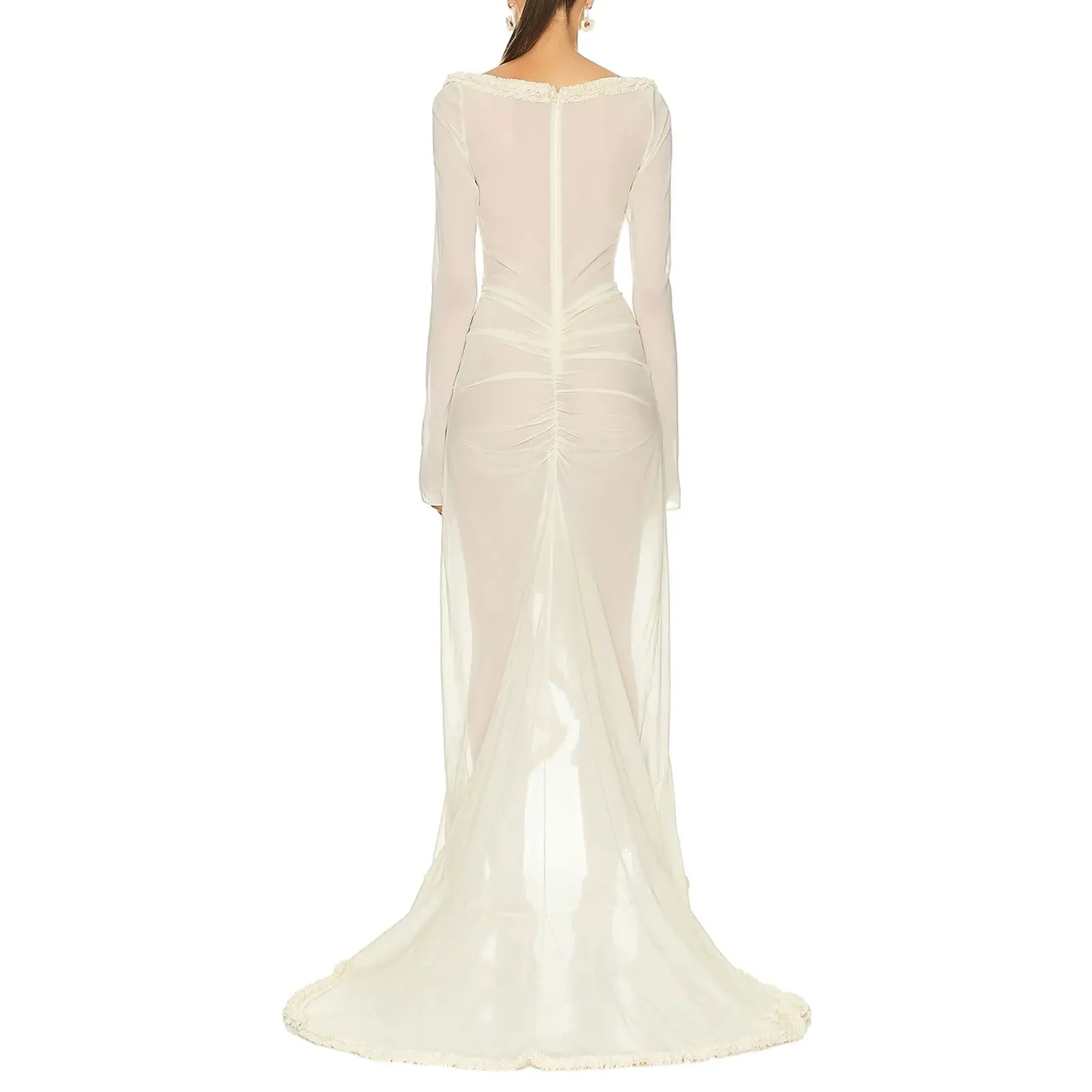 Women's Sexy Babydoll Lingerie Style Long Sleeve Dress V-Neck Chemise Mesh Nightwear Long Gown Frill Trim Sheer Nighty Dress Cover Up