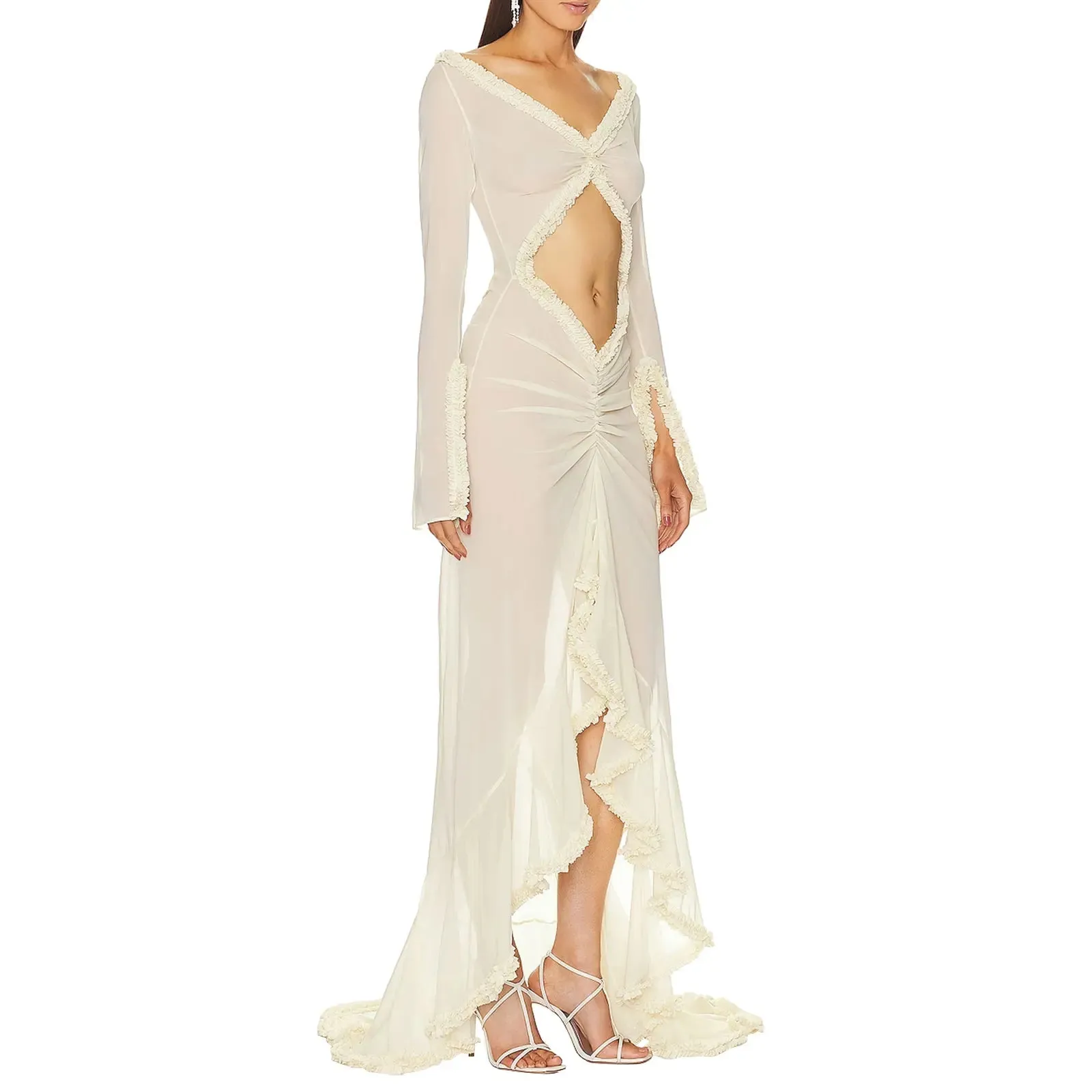 Women's Sexy Babydoll Lingerie Style Long Sleeve Dress V-Neck Chemise Mesh Nightwear Long Gown Frill Trim Sheer Nighty Dress Cover Up