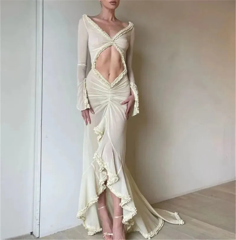 Women's Sexy Babydoll Lingerie Style Long Sleeve Dress V-Neck Chemise Mesh Nightwear Long Gown Frill Trim Sheer Nighty Dress Cover Up