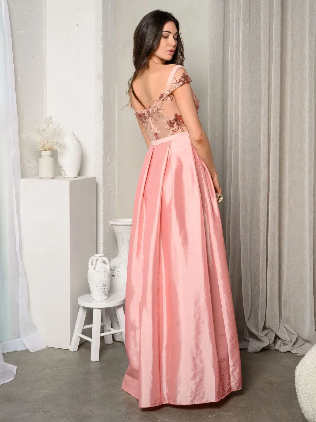 WOMEN'S SHORT SLEEVE EMBROIDERY MESH SATIN MAXI GOWN DRESS