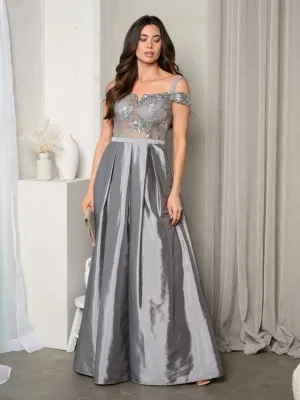 WOMEN'S SHORT SLEEVE EMBROIDERY MESH SATIN MAXI GOWN DRESS