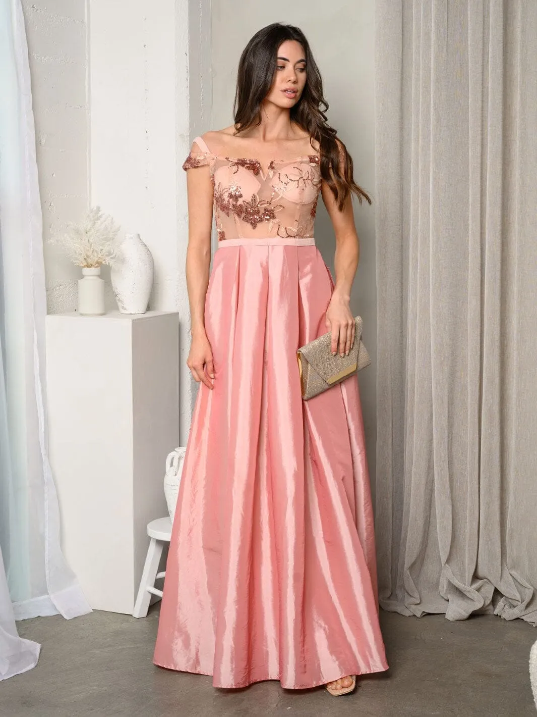 WOMEN'S SHORT SLEEVE EMBROIDERY MESH SATIN MAXI GOWN DRESS