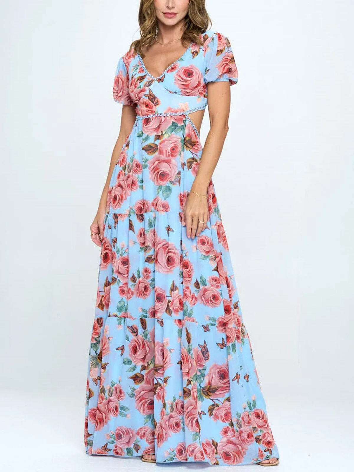 WOMEN'S SHORT SLEEVE V-NECK BACK CUT OUT FLORAL MAXI DRESS