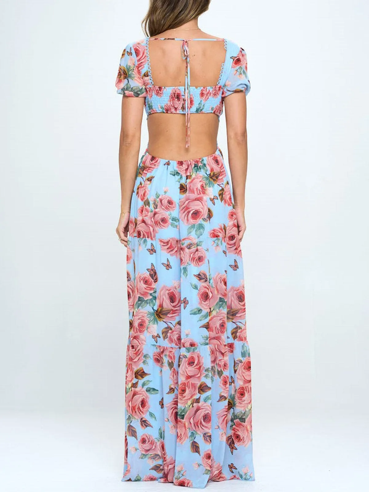 WOMEN'S SHORT SLEEVE V-NECK BACK CUT OUT FLORAL MAXI DRESS