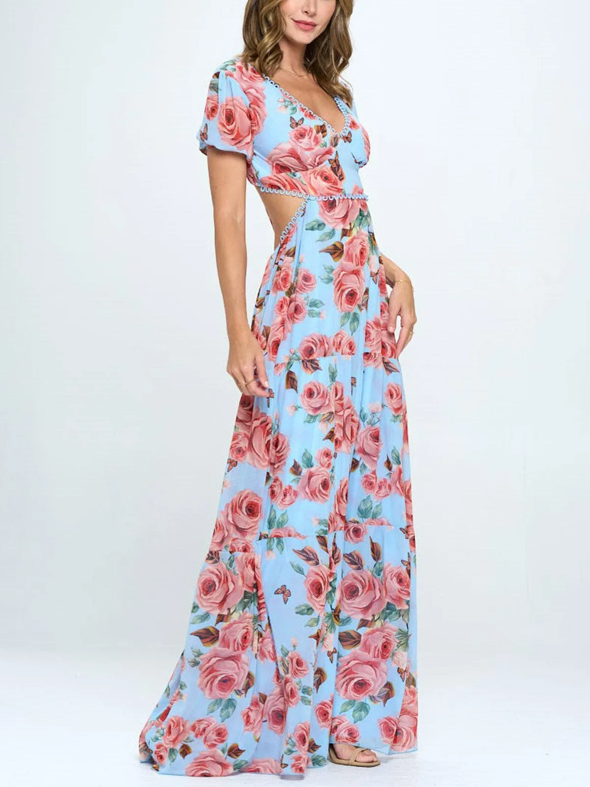 WOMEN'S SHORT SLEEVE V-NECK BACK CUT OUT FLORAL MAXI DRESS
