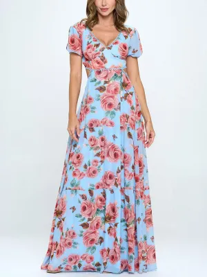 WOMEN'S SHORT SLEEVE V-NECK BACK CUT OUT FLORAL MAXI DRESS
