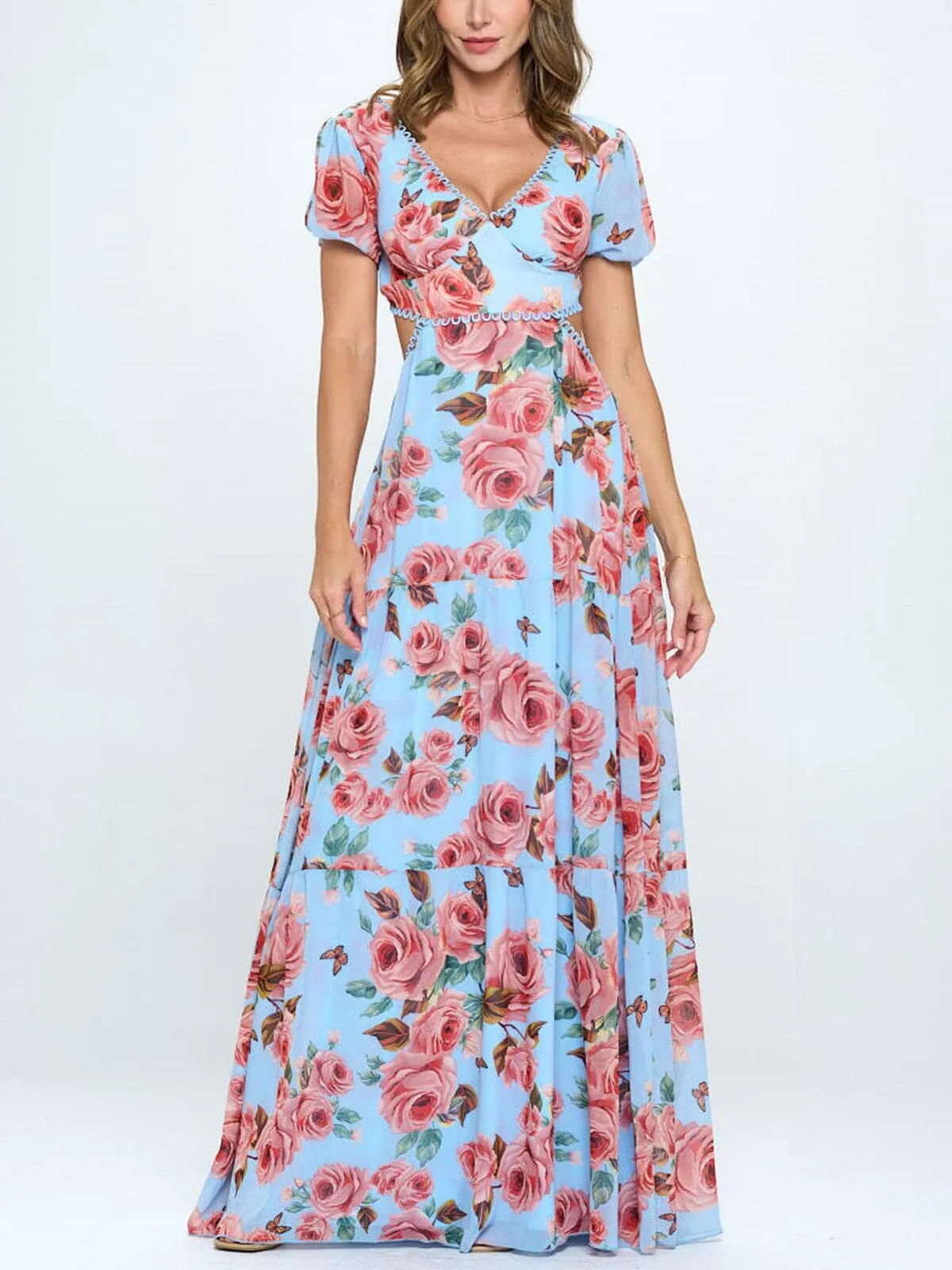 WOMEN'S SHORT SLEEVE V-NECK BACK CUT OUT FLORAL MAXI DRESS