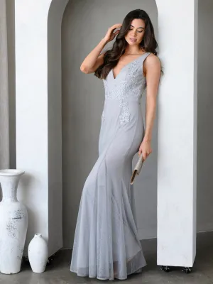 WOMEN'S SLEEVELESS V-NECK BODYCON EMBROIDERY LACE MAXI DRESS