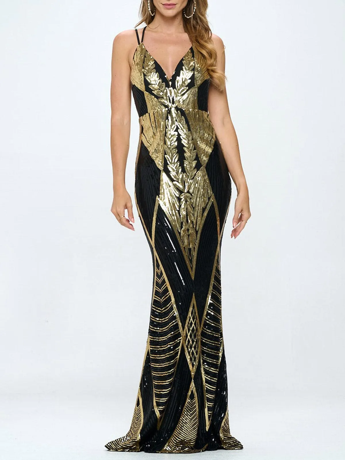 WOMEN'S SLEEVELESS V-NECK BODYCON SEQUINS GOWN MAXI DRESS