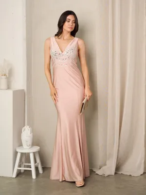 WOMEN'S SLEEVELESS V-NECK BODYCON STUDS MAXI GOWN DRESS