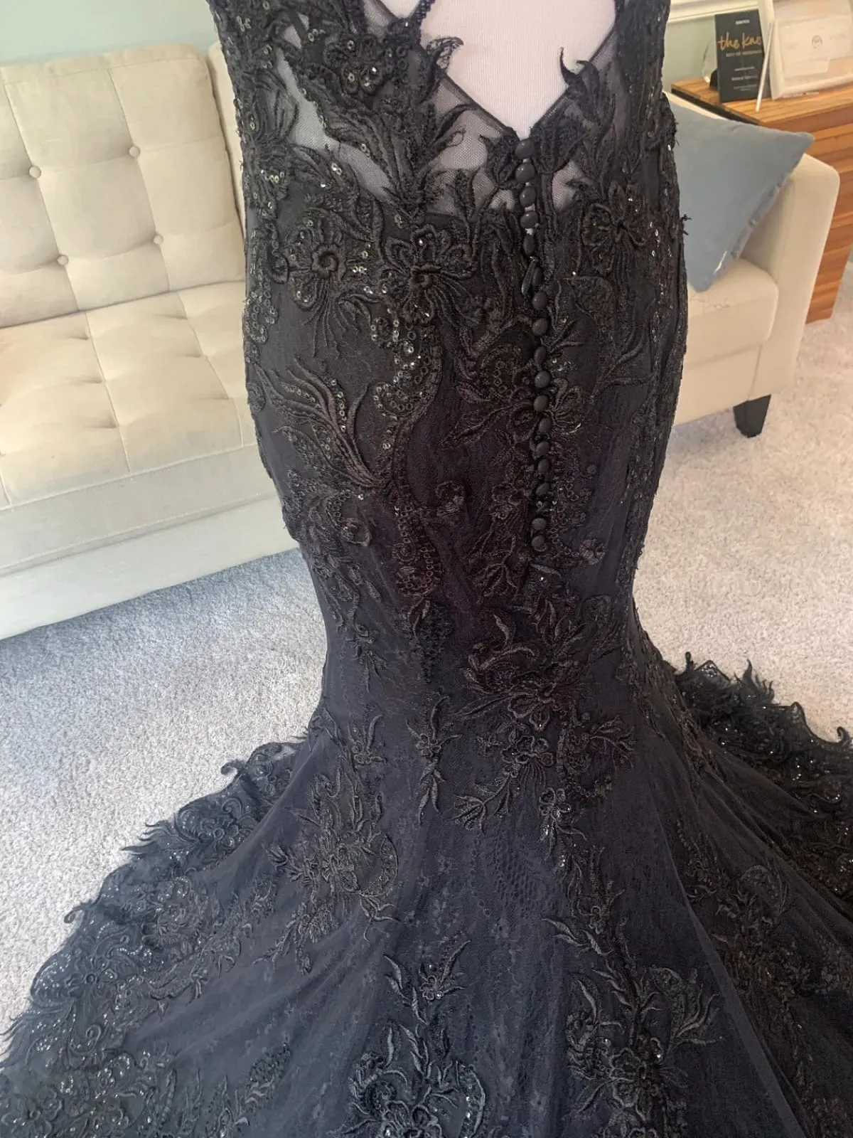 X Back V Neck Black Embroidered Lace Tulle Mermaid Wedding Dress