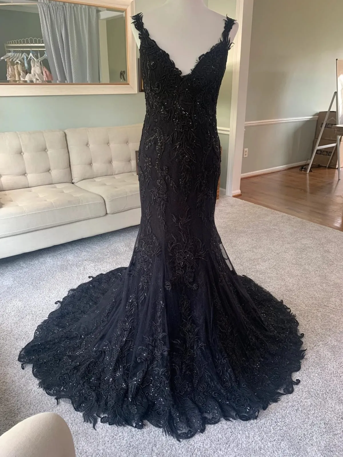 X Back V Neck Black Embroidered Lace Tulle Mermaid Wedding Dress