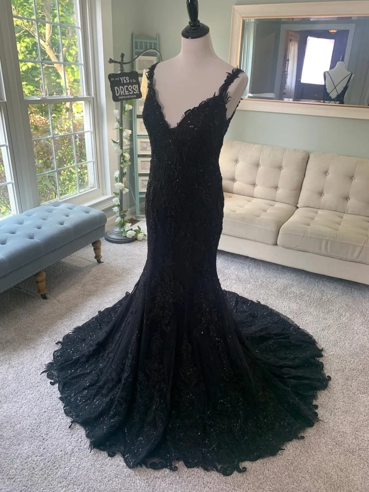 X Back V Neck Black Embroidered Lace Tulle Mermaid Wedding Dress