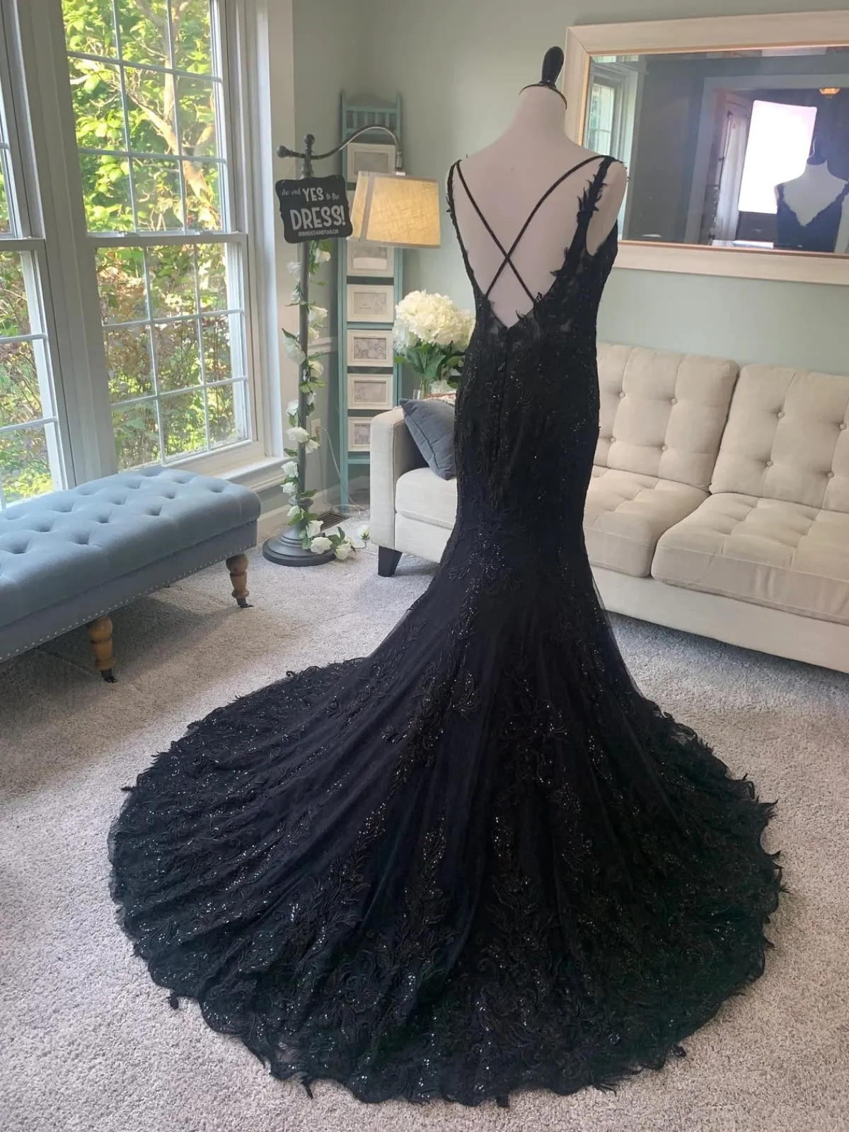 X Back V Neck Black Embroidered Lace Tulle Mermaid Wedding Dress