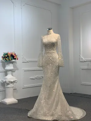 Z025-The Luxury Sequins Long Sleeve Mermaid Dress With Long Train