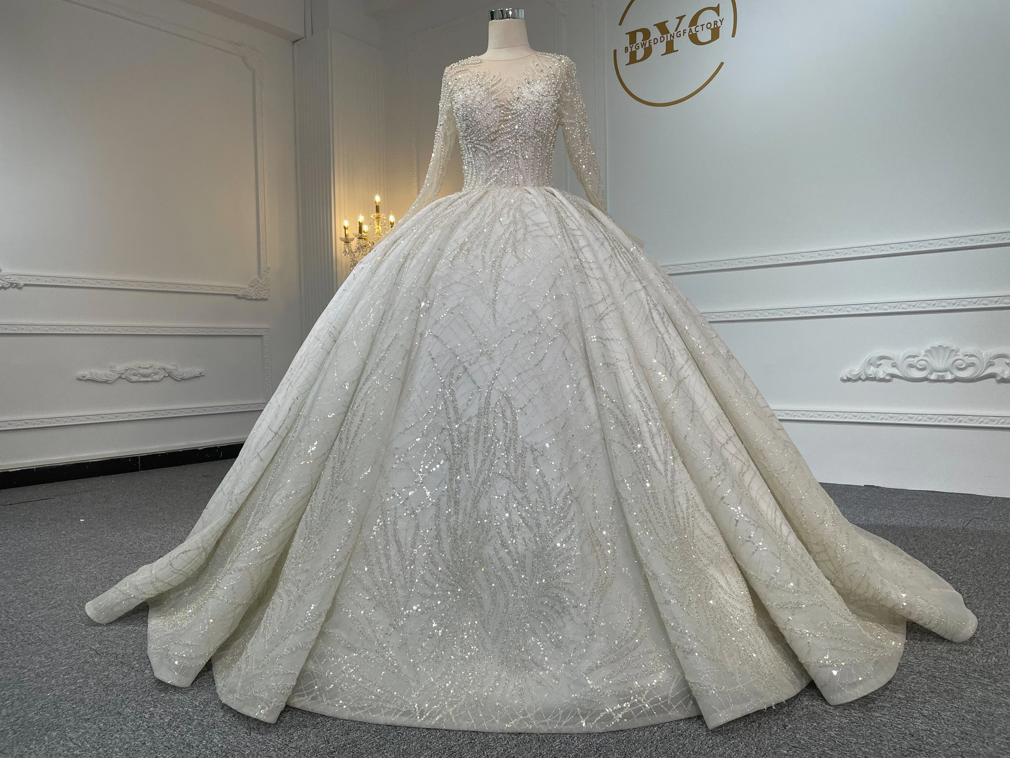 Z044- BYG luxury pearl beading ball gown with heavy lace