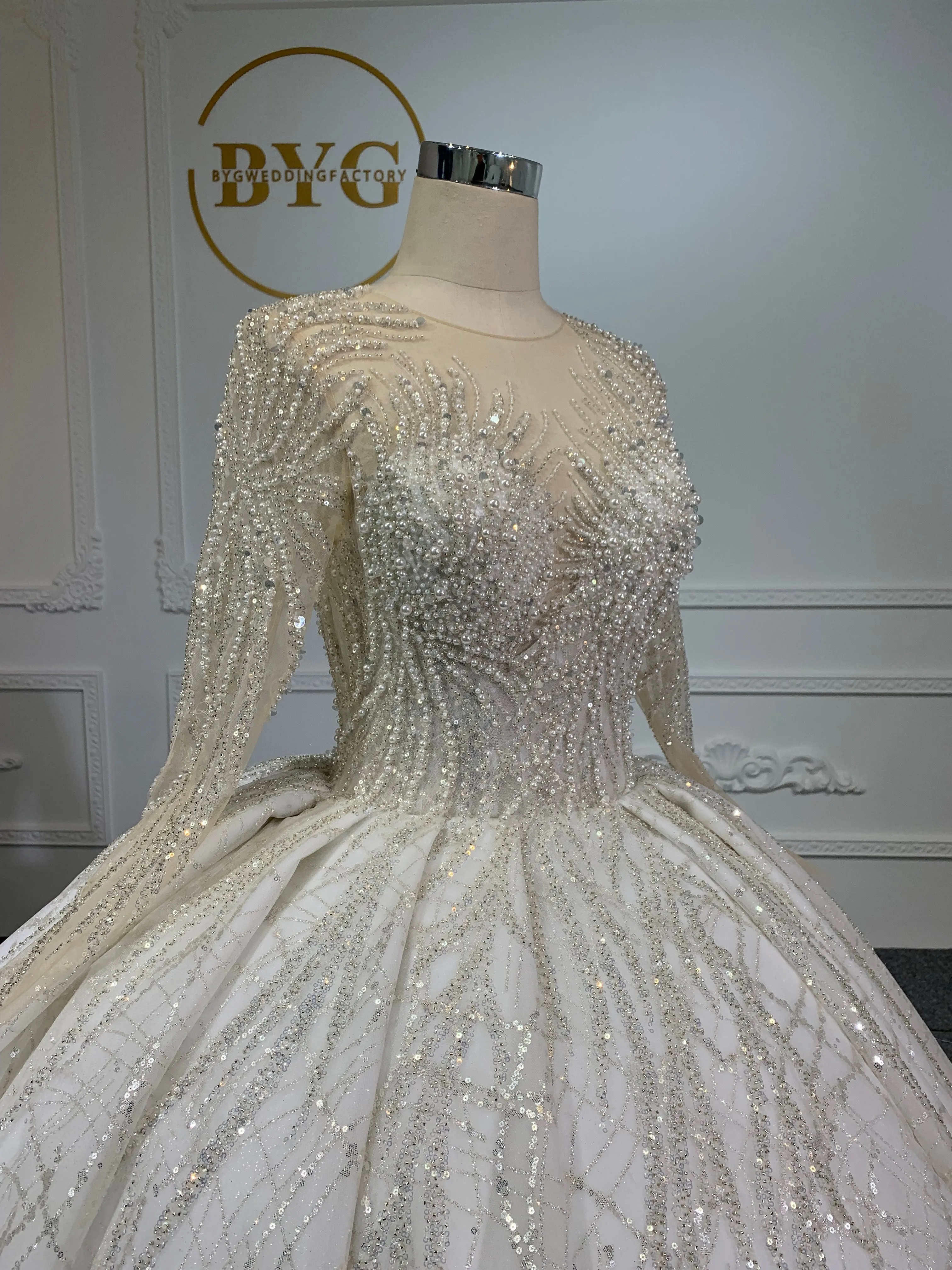 Z044- BYG luxury pearl beading ball gown with heavy lace