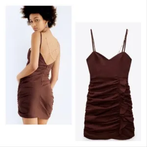 Zara Linen Blend Draped Jewel Chain Detail Mini Dress in Brown