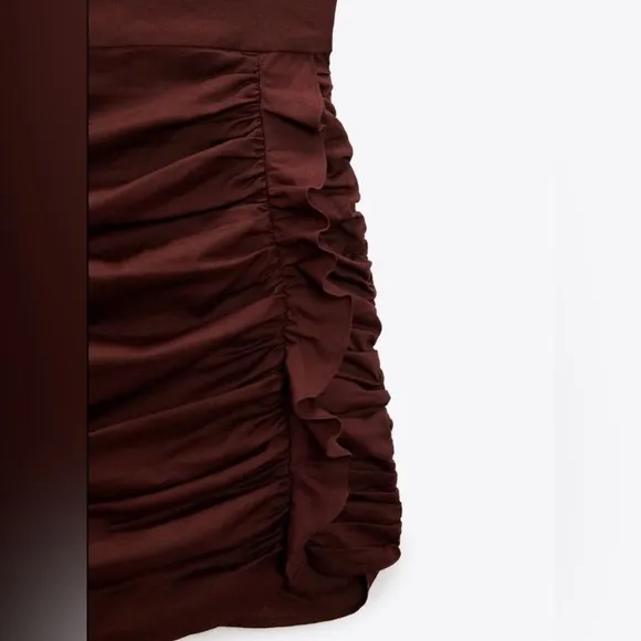 Zara Linen Blend Draped Jewel Chain Detail Mini Dress in Brown