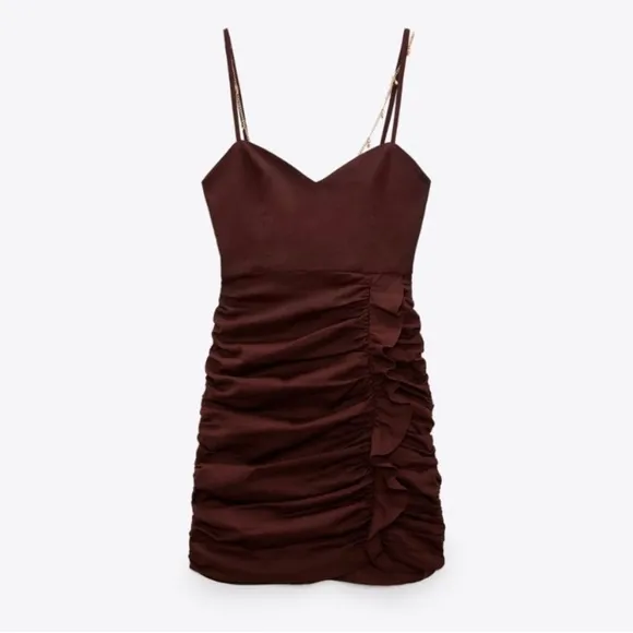 Zara Linen Blend Draped Jewel Chain Detail Mini Dress in Brown