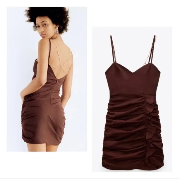 Zara Linen Blend Draped Jewel Chain Detail Mini Dress in Brown