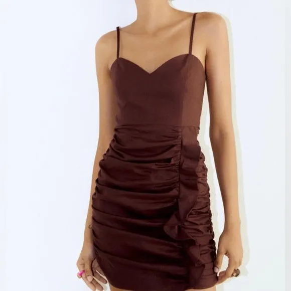Zara Linen Blend Draped Jewel Chain Detail Mini Dress in Brown