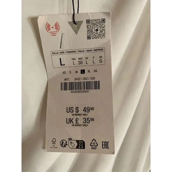 Zara women’s NWT, white draped, midi dress size large