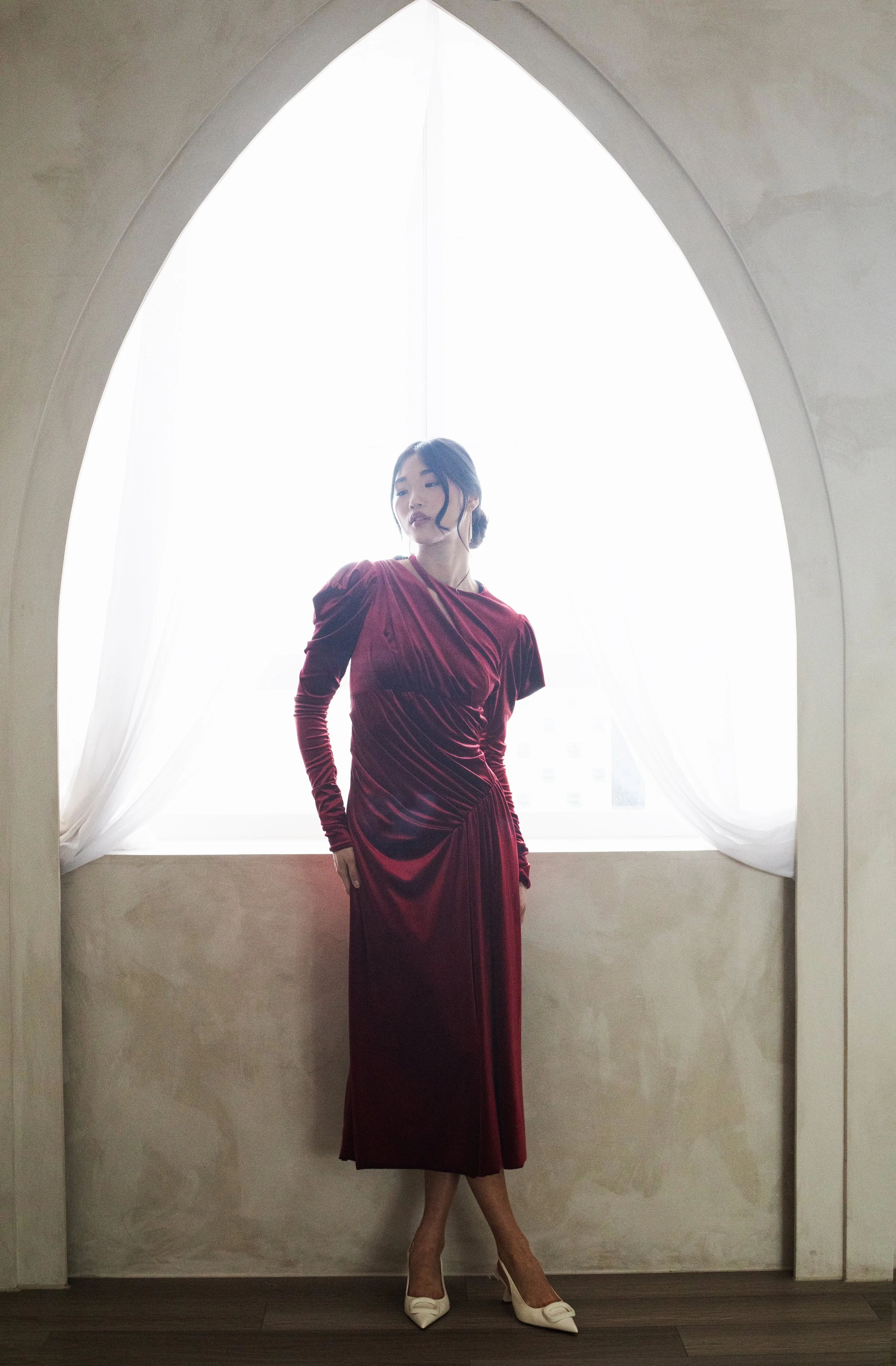 ZIMIL DRAPED MIDI DRESS RED TOPAZ